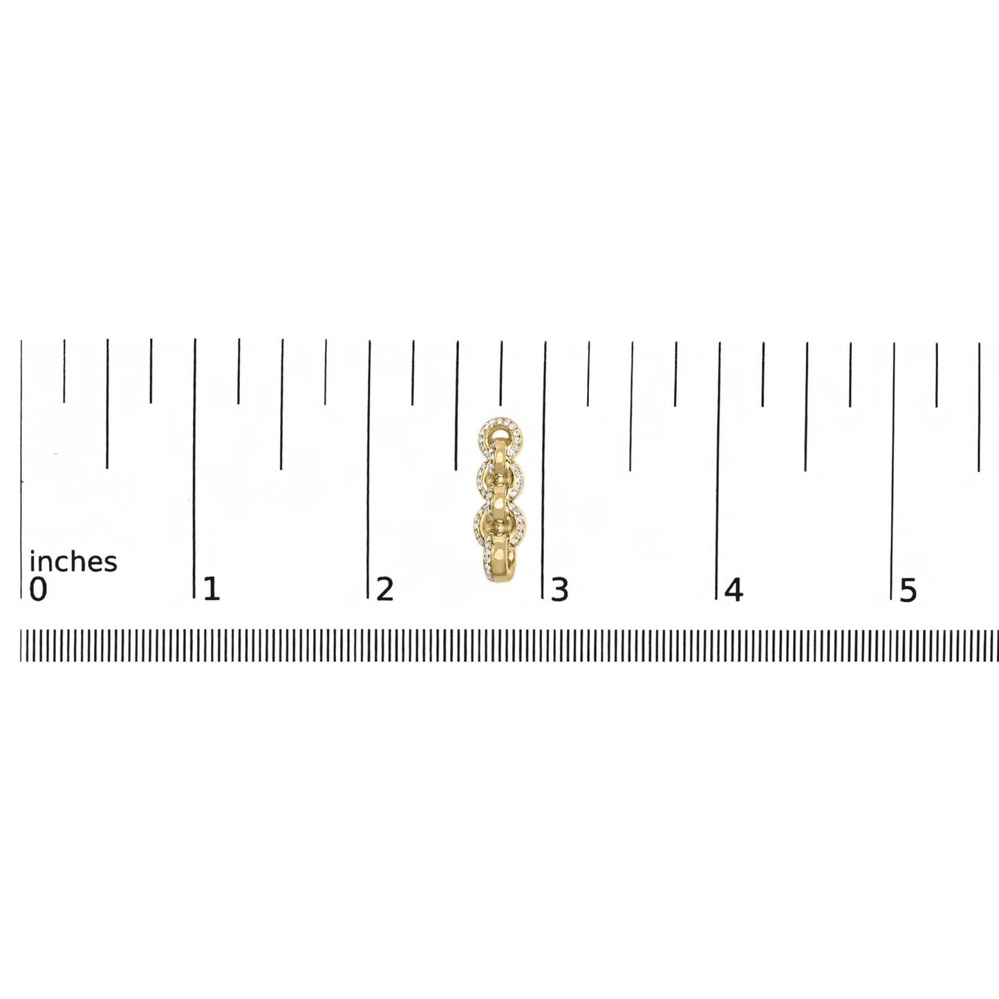 Close-up front view of a yellow metal earring with linked circular segments, each outlined with small white gemstones, placed on a ruler for size reference.