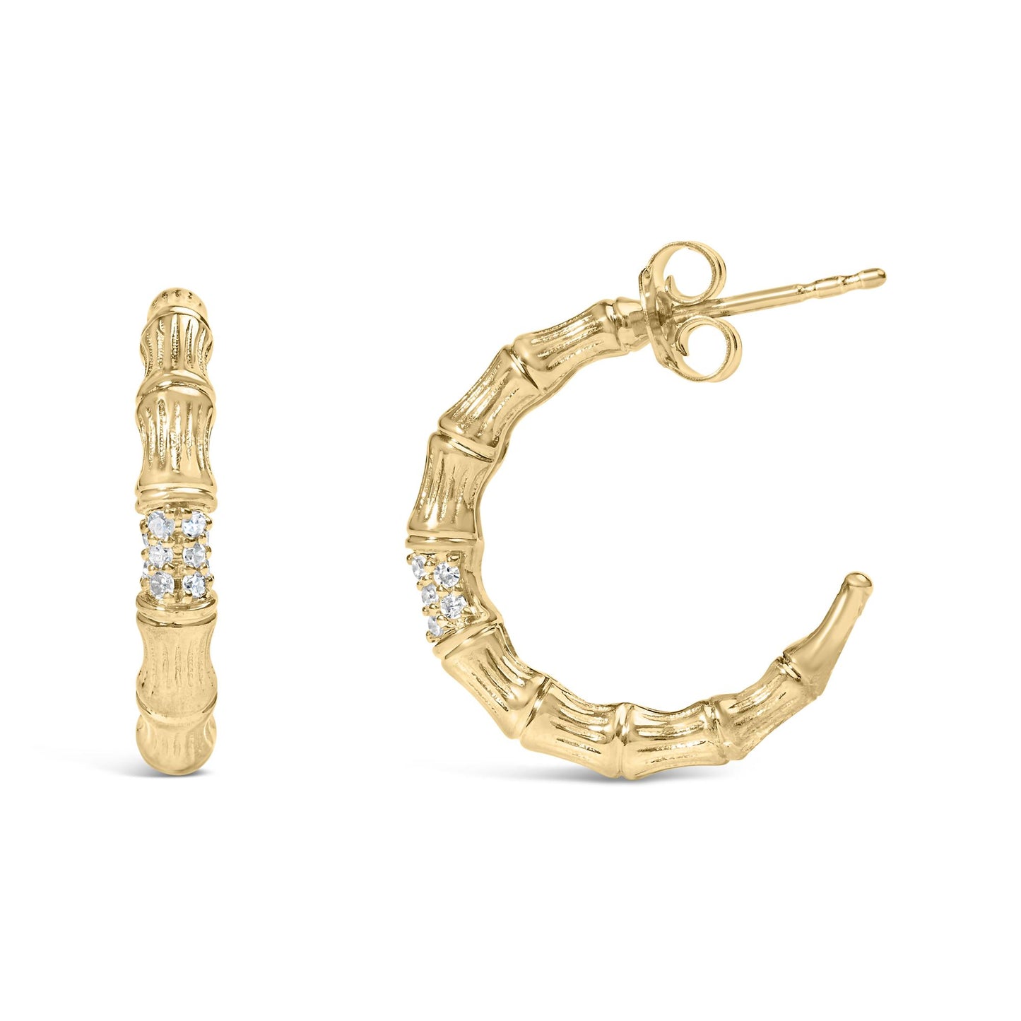 Pair of yellow metal earrings with bamboo texture and clusters of small white gemstones, shown from front and side angles.