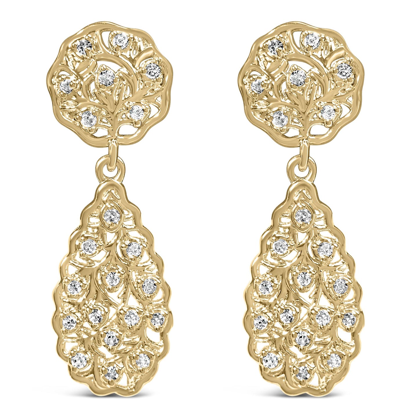 Front view of a pair of yellow metal drop earrings with round white gemstones in a prong setting arranged on a floral and leaf design.