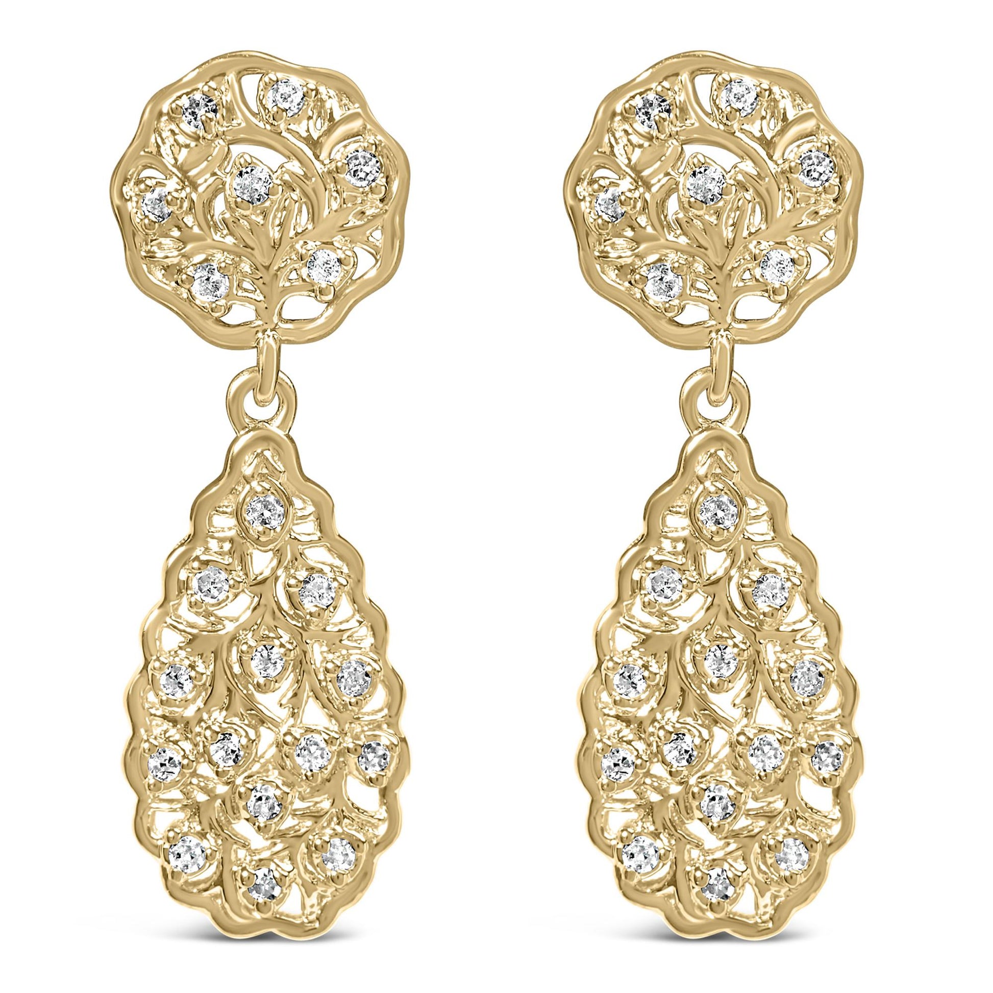 Front view of a pair of yellow metal drop earrings with round white gemstones in a prong setting arranged on a floral and leaf design.