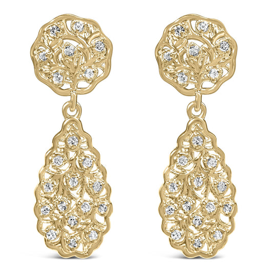 Front view of a pair of yellow metal drop earrings with round white gemstones in a prong setting arranged on a floral and leaf design.