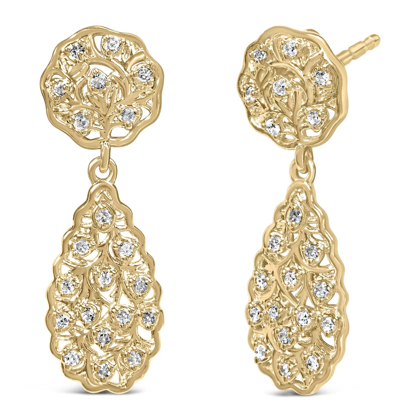 Front and side view of yellow metal drop earrings with intricate openwork design and round white gemstones in prong settings.
