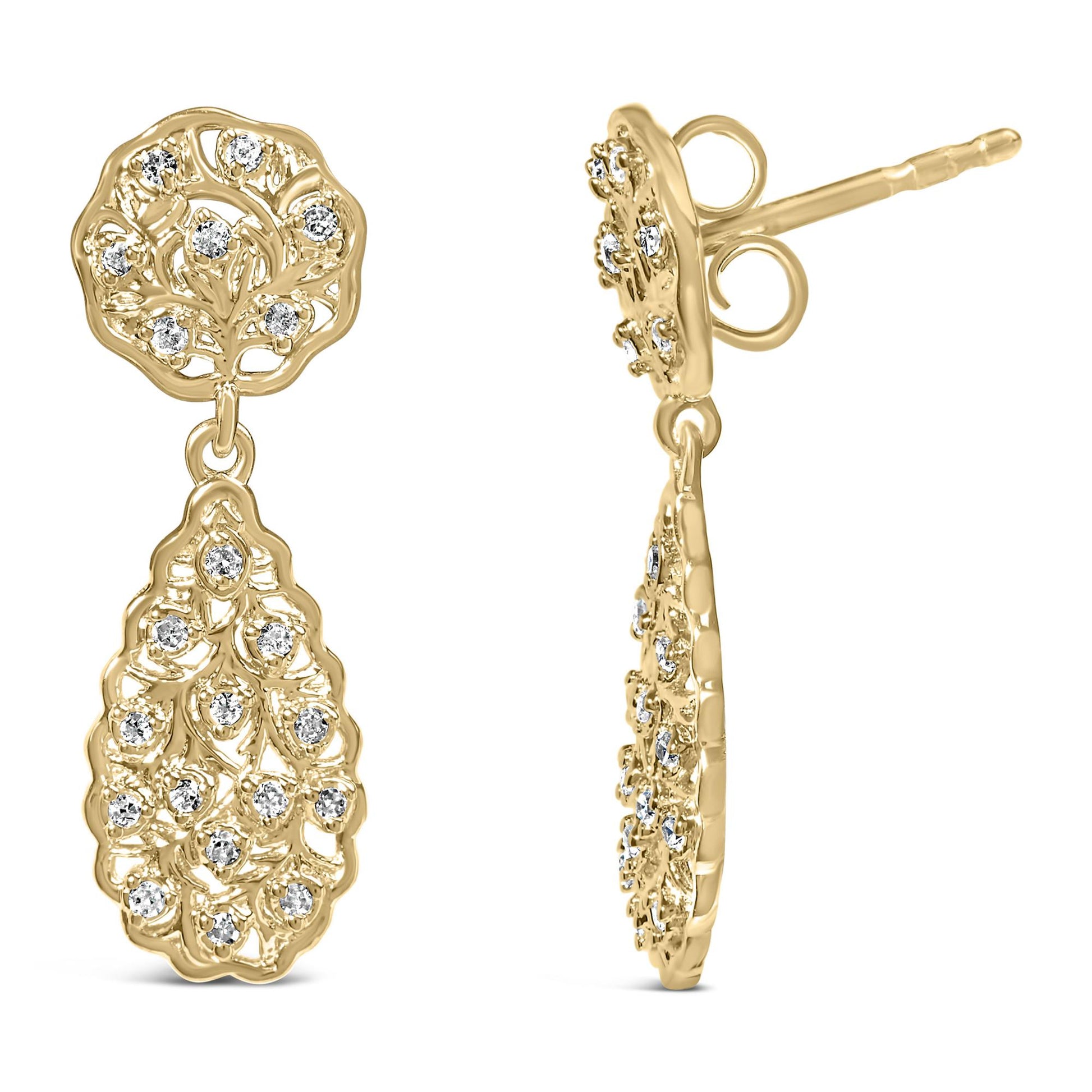Front and side views of yellow metal drop earrings with intricate openwork design and multiple round white gemstones in prong settings.