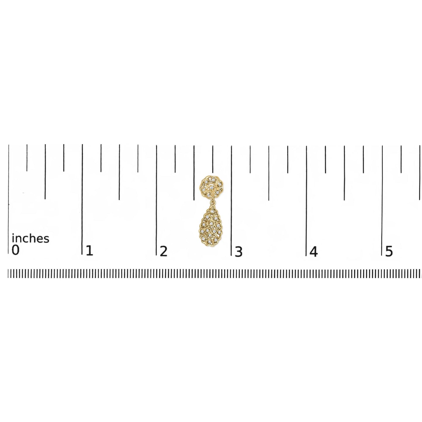 Yellow metal earring with round white gemstones in prong settings, shown on a ruler for size reference, front-facing angle.