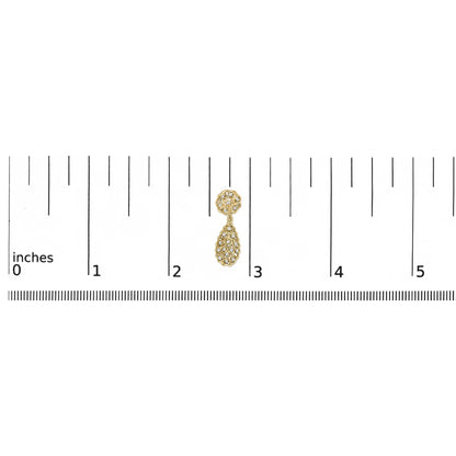 Yellow metal earring with round white gemstones in prong settings, shown on a ruler for size reference, front-facing angle.