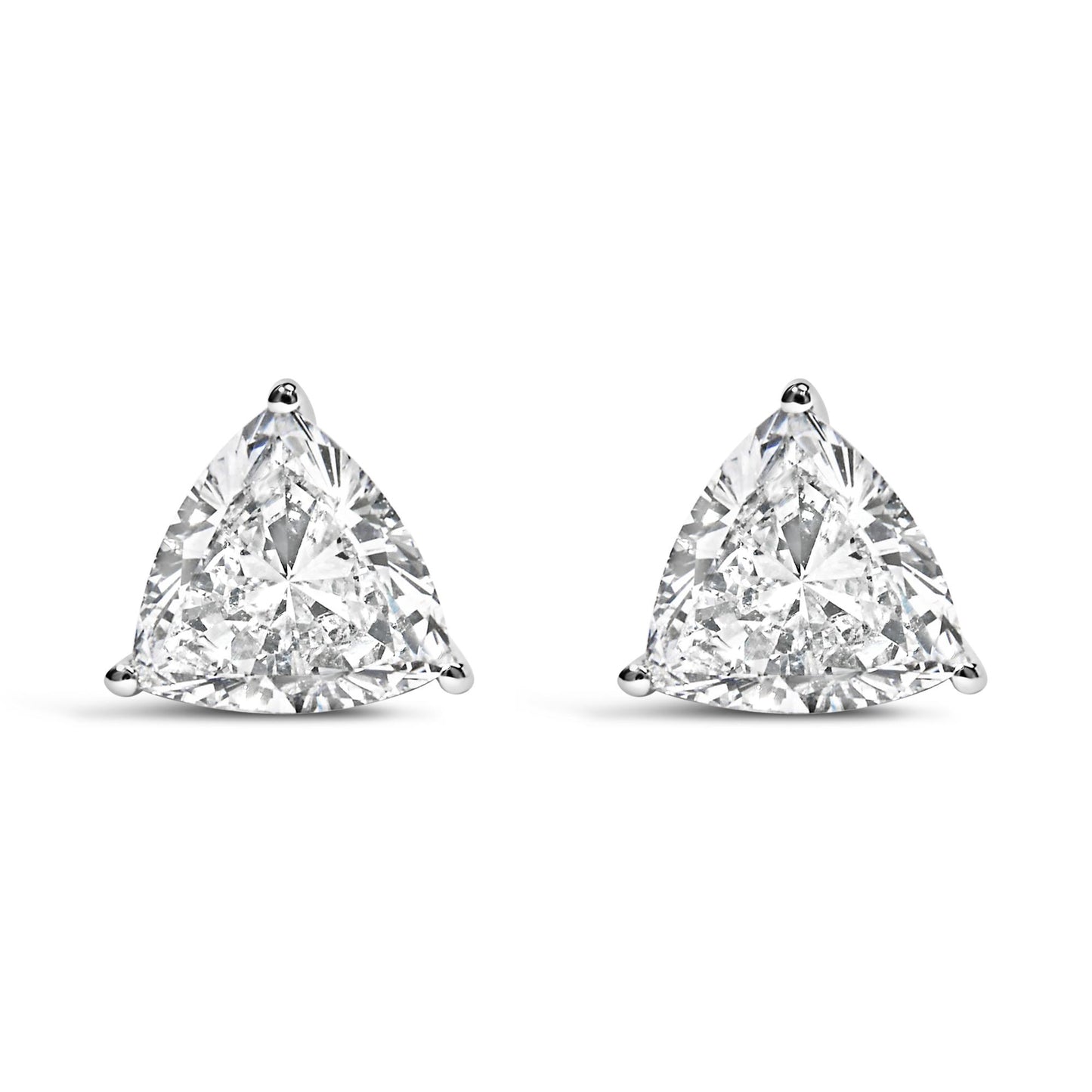Pair of white metal stud earrings with trillion-shaped white gemstones in three-prong settings, shown from the front on a white background.