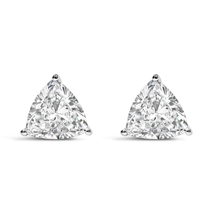 Pair of white metal stud earrings with trillion-shaped white gemstones in three-prong settings, shown from the front on a white background.