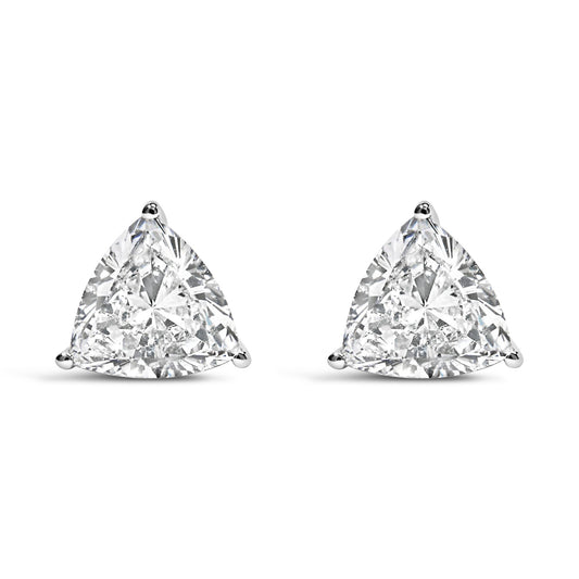 Pair of white metal stud earrings with trillion-shaped white gemstones in three-prong settings, shown from the front on a white background.