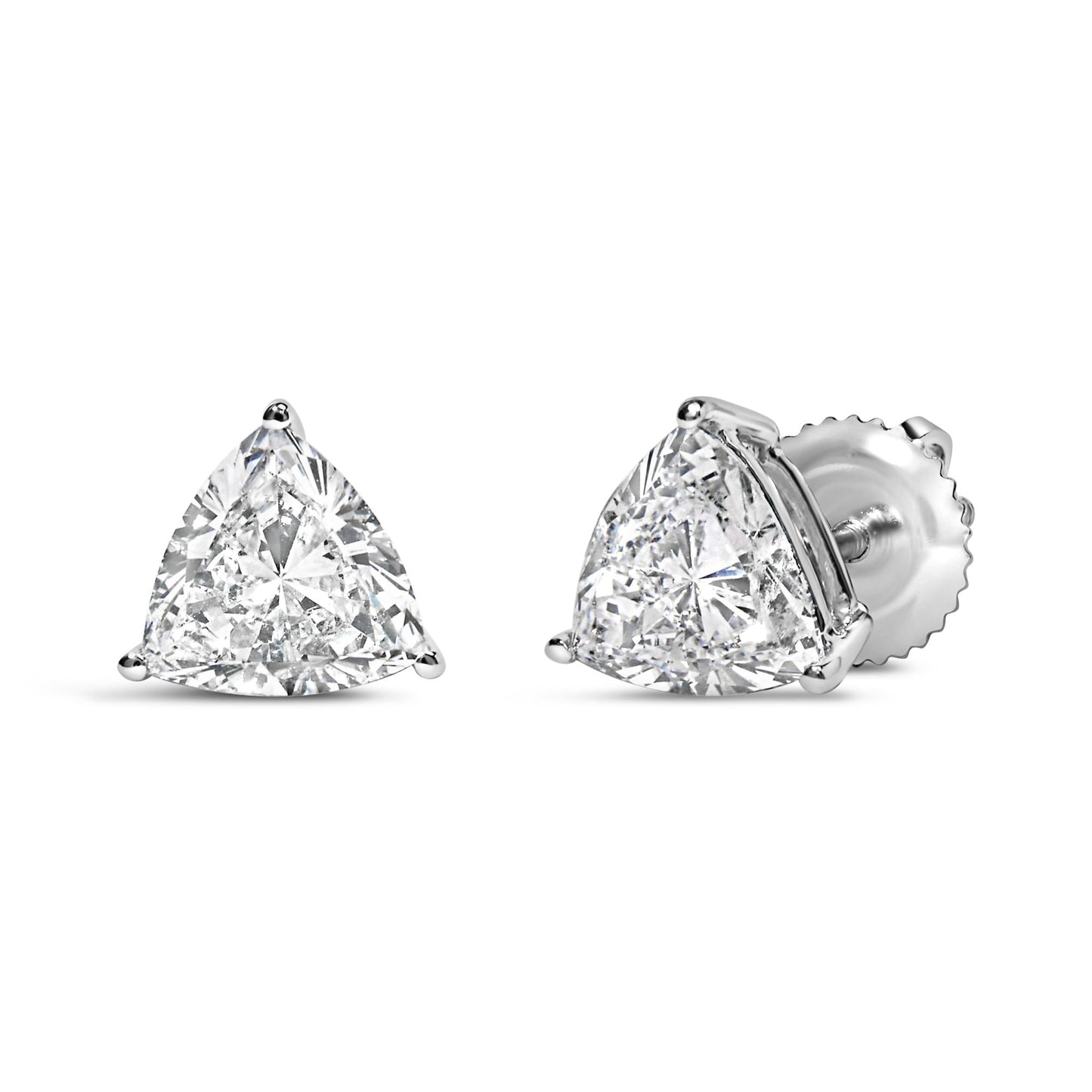 Pair of white metal stud earrings with trillion-shaped white gemstones in three-prong settings, shown from front and side angles.