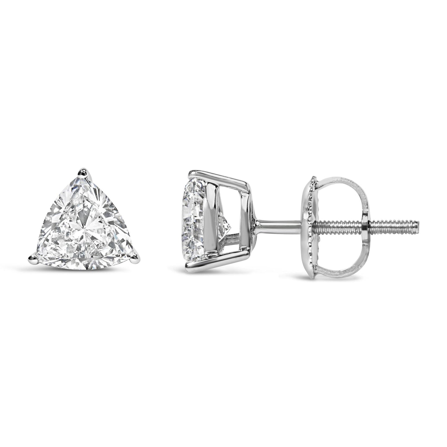 Pair of white metal earrings featuring trillion-shaped white gemstones in three-prong settings, shown from front and side angles on a white background.