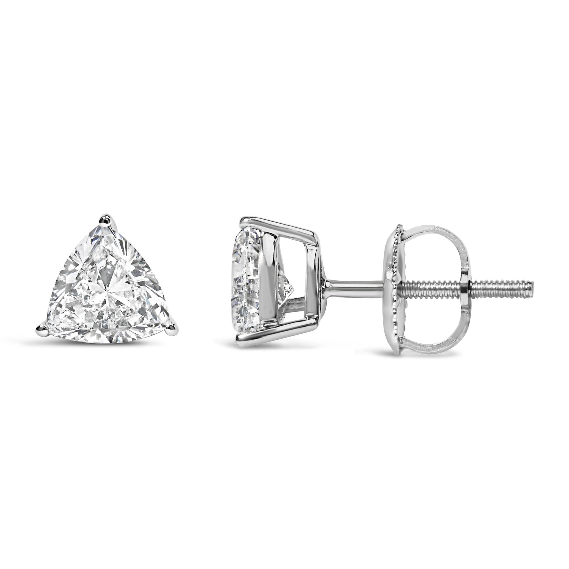 Pair of white metal earrings featuring trillion-shaped white gemstones in three-prong settings, shown from front and side angles on a white background.
