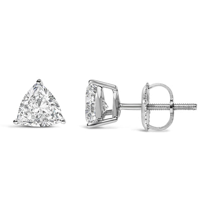 Pair of white metal earrings featuring trillion-shaped white gemstones in three-prong settings, shown from front and side angles on a white background.