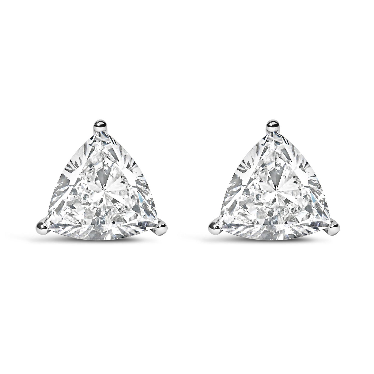Front view of a pair of white metal earrings with trillion-shaped white gemstones in a 3-prong setting.