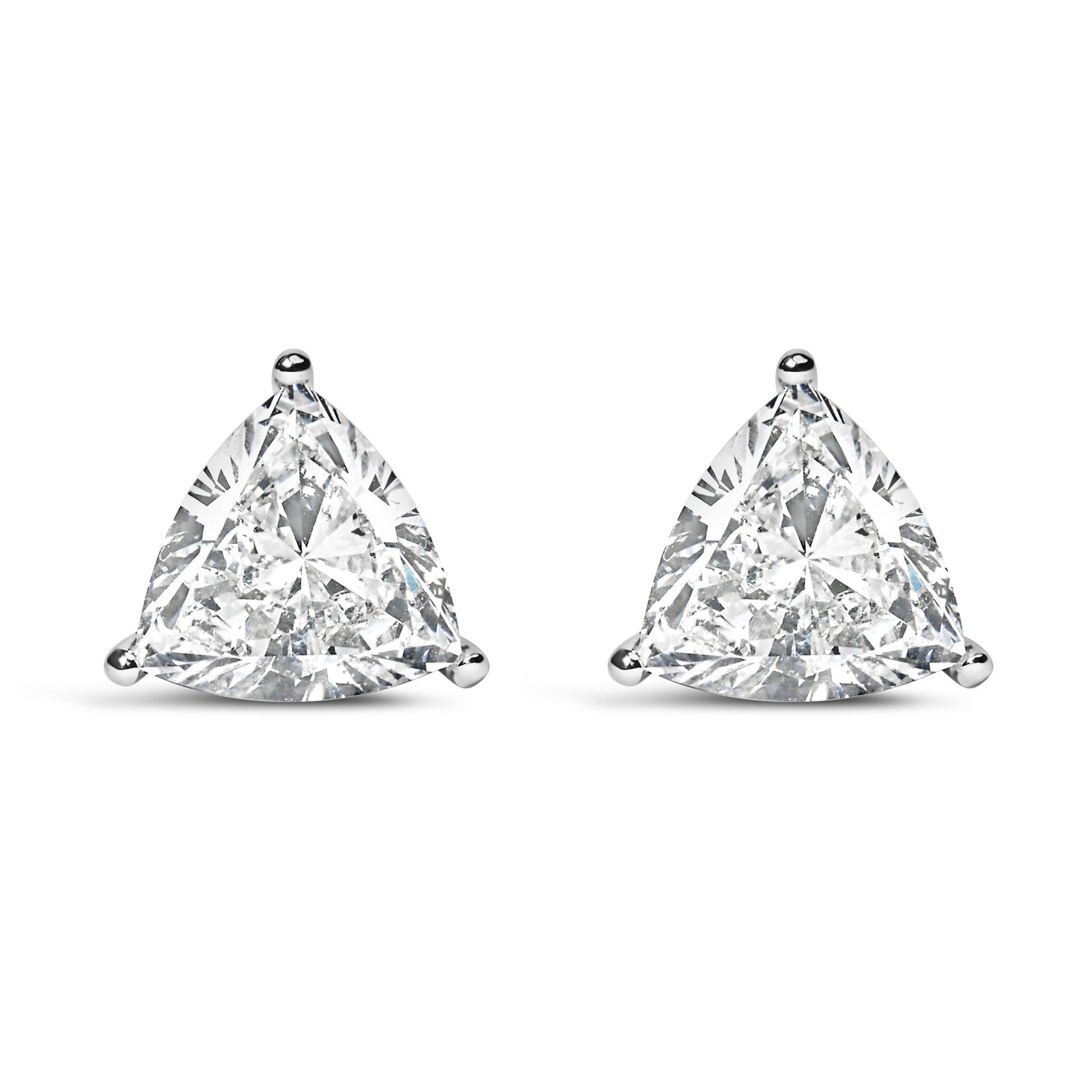 Front view of a pair of white metal earrings with trillion-shaped white gemstones in a 3-prong setting.