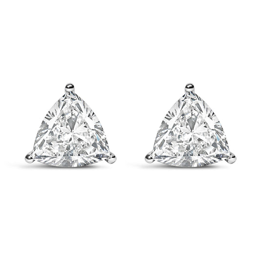Front view of a pair of white metal earrings with trillion-shaped white gemstones in a 3-prong setting.