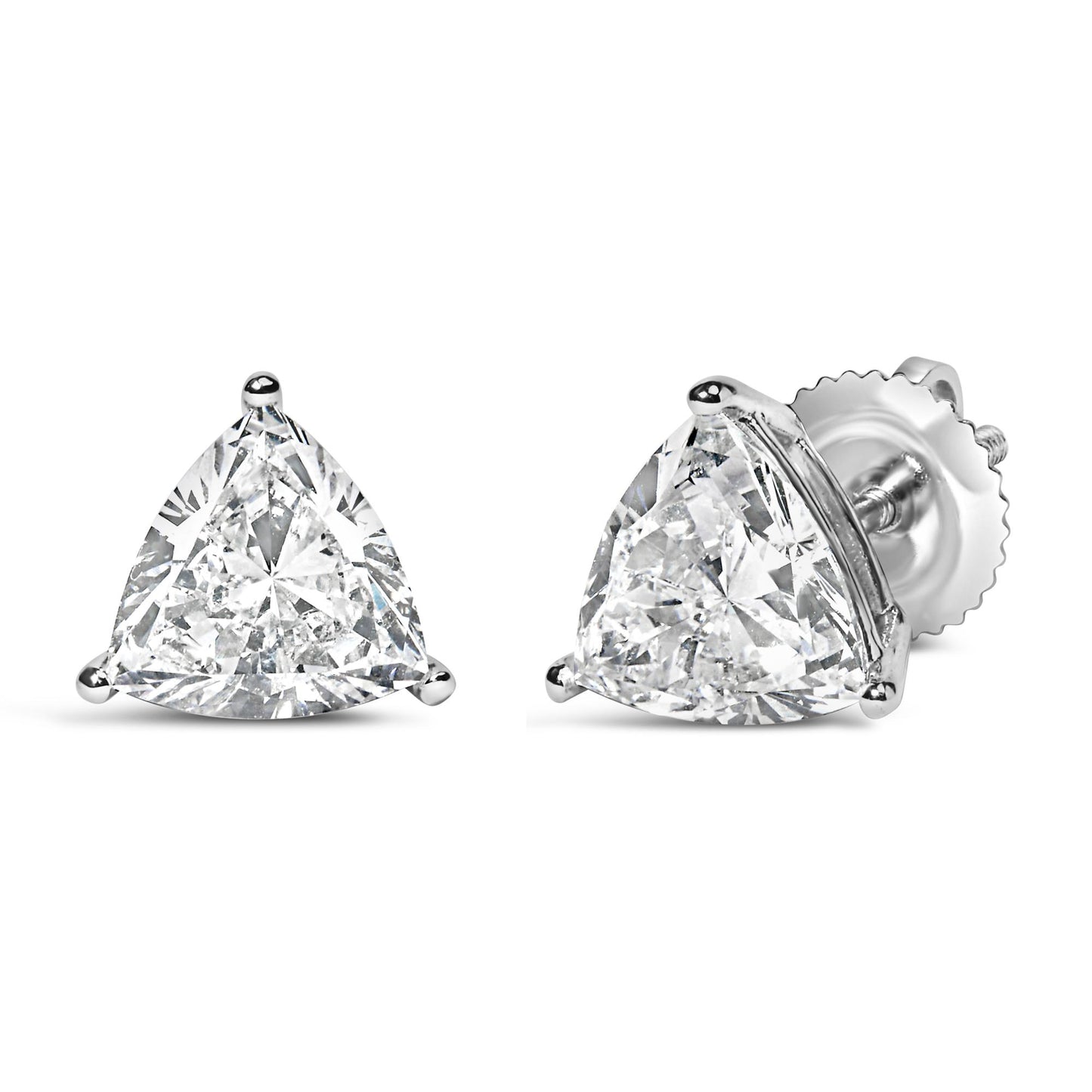 Pair of white metal stud earrings with trillion-shaped white gemstones in 3-prong settings, shown from front and angled side on a white background.