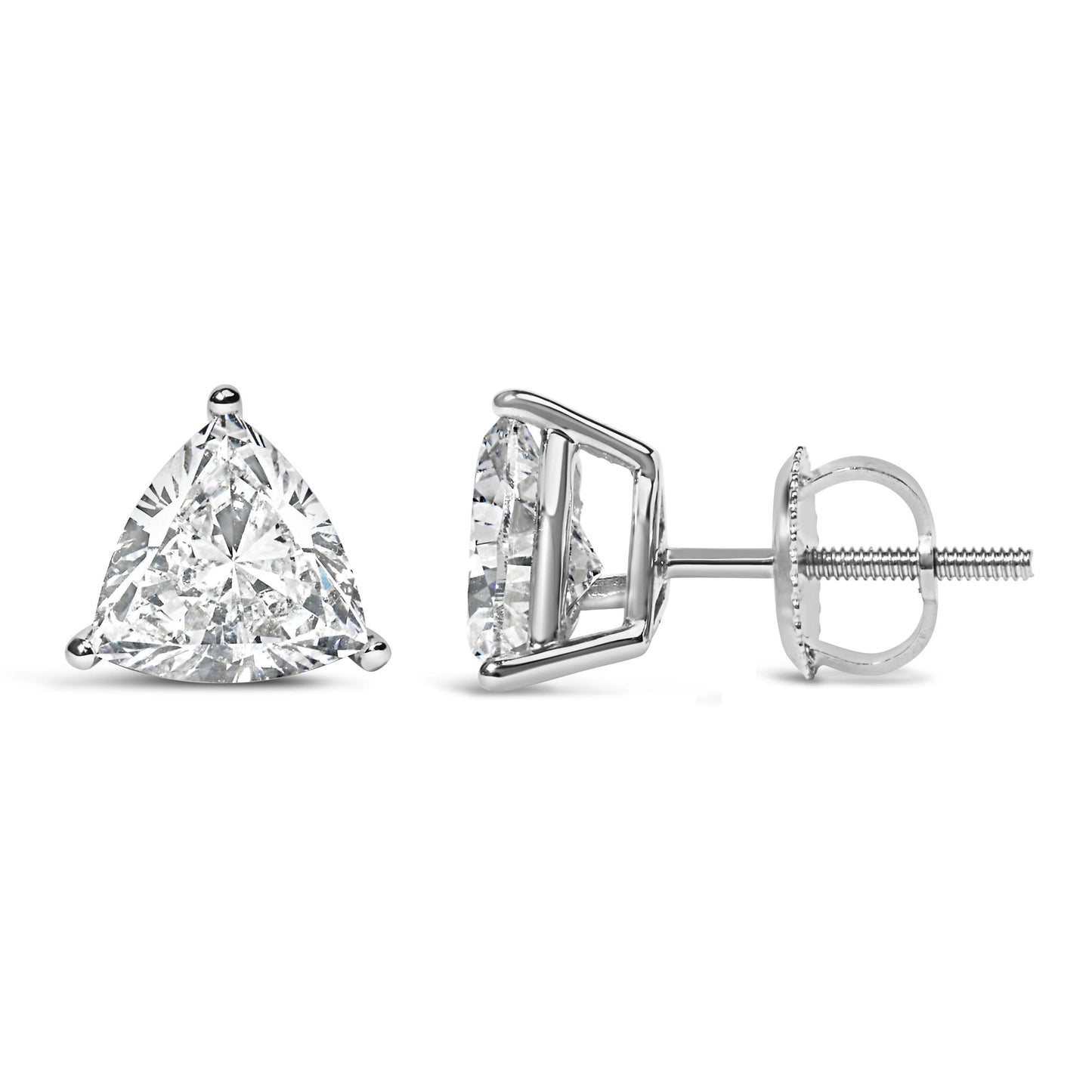 Close-up of a pair of white metal earrings with triangular white gemstones in 3-prong settings shown from front and side angles.