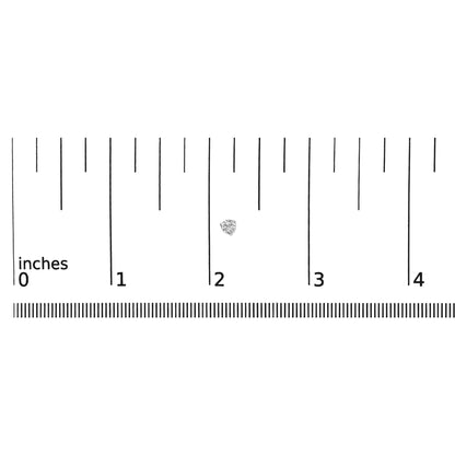 Close-up of a single round white gemstone earring with a 3-prong setting on a ruler for size reference, shown from the top angle.