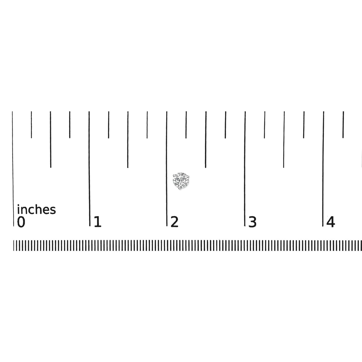 Close-up top view of a single white metal stud earring with a round white gemstone in 3-prong setting, placed on a ruler for size reference.