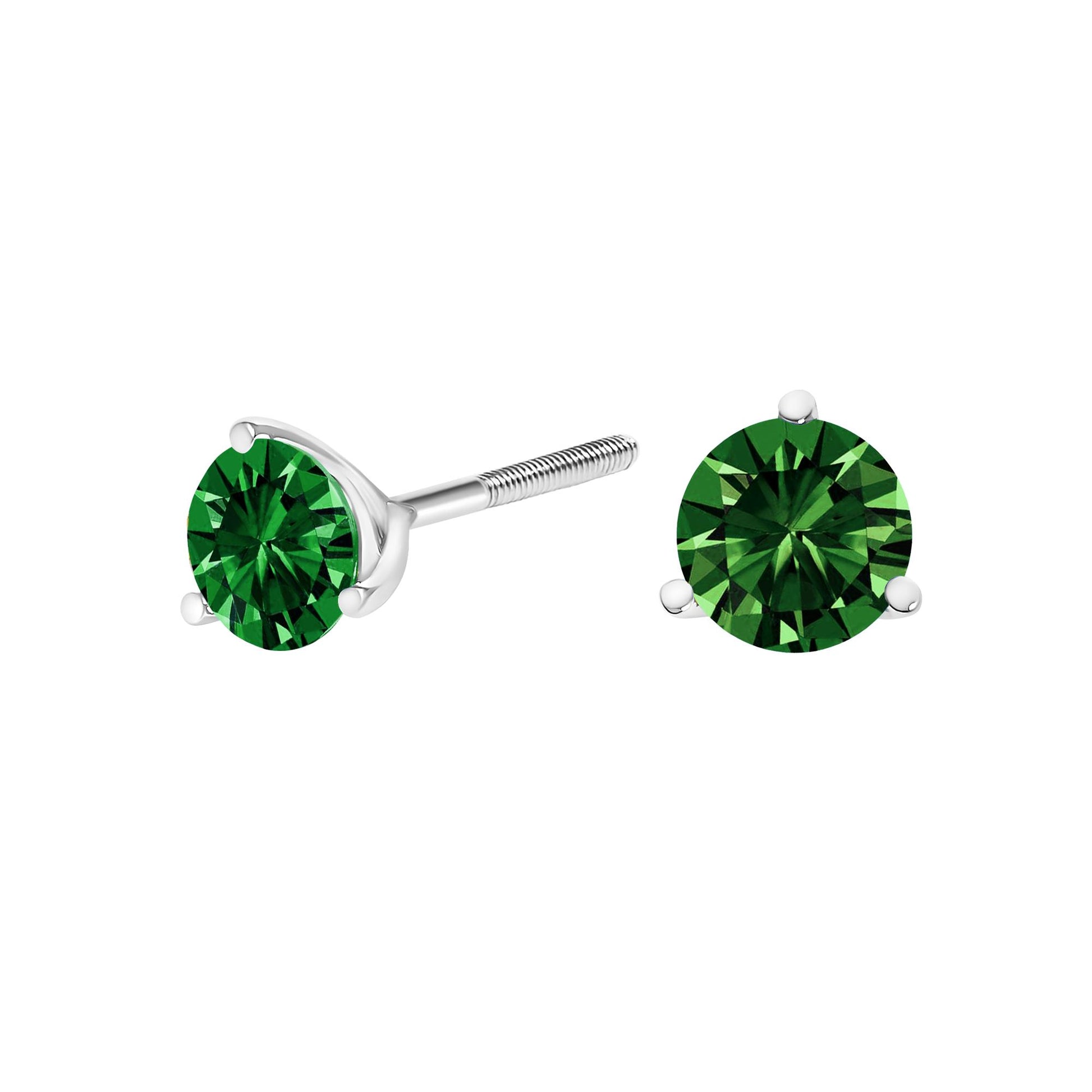 Pair of white metal stud earrings with round green gemstones in 3-prong settings, shown from a front and side angle on a white background.