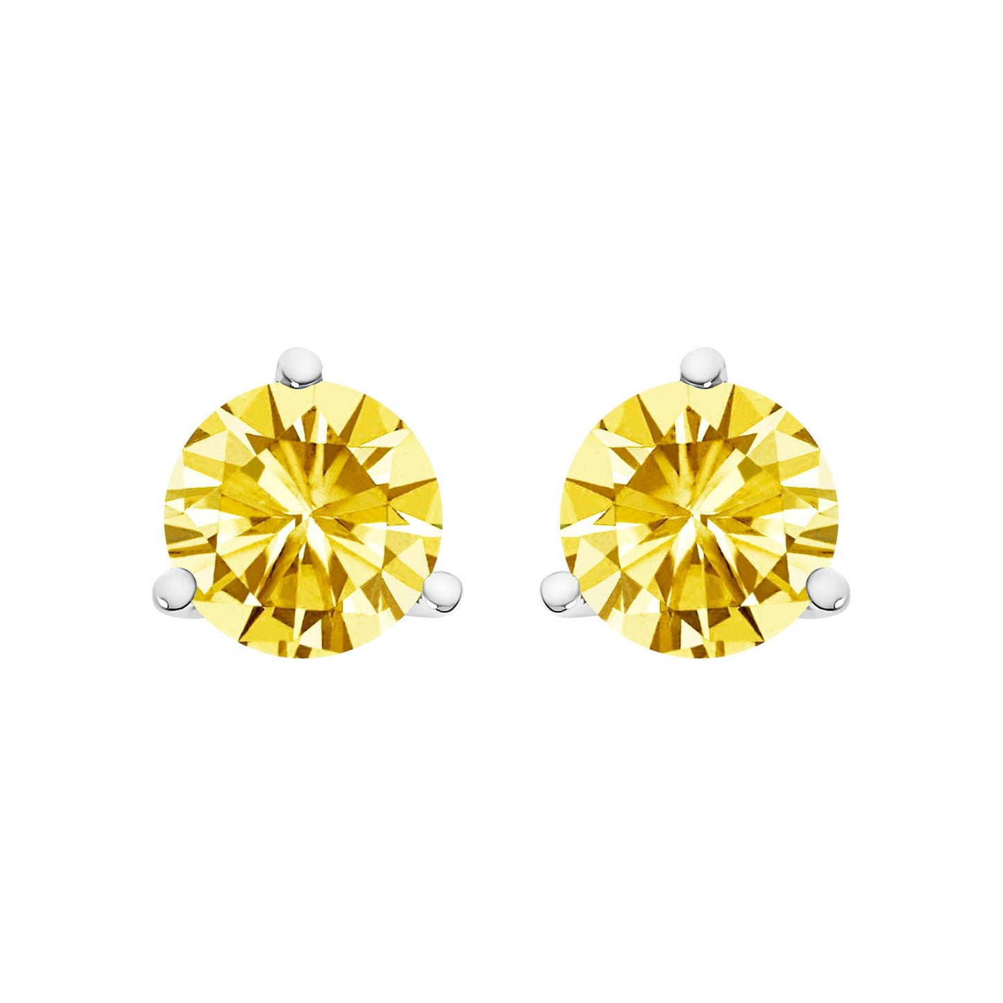 Close-up front view of a pair of white metal stud earrings each featuring a round yellow gemstone in a 3-prong setting.