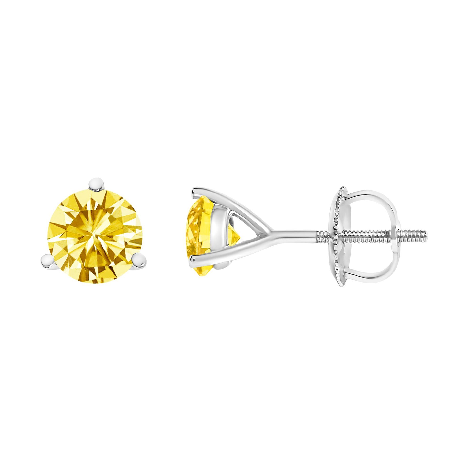 Front and side view of a white metal earring with a round yellow gemstone in a 3-prong setting shown on a white background.