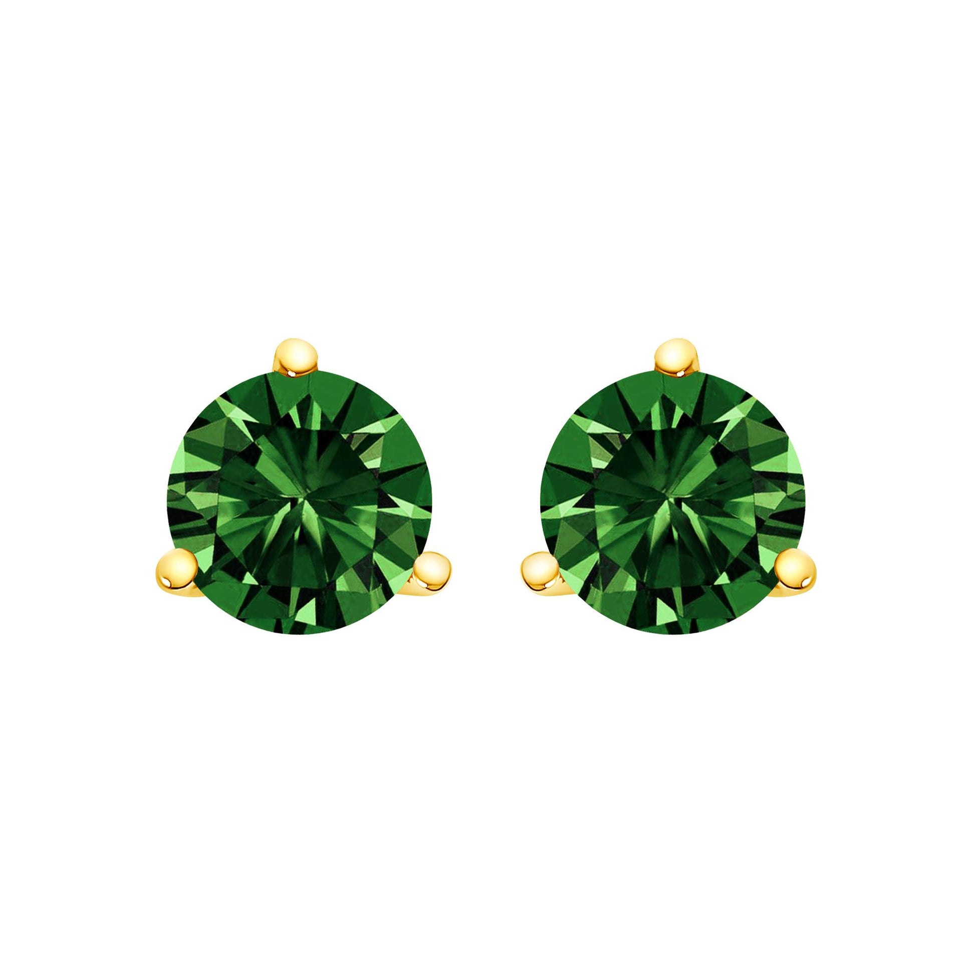 Front view of yellow metal stud earrings featuring round green gemstones in a three-prong setting, shown on a white background.