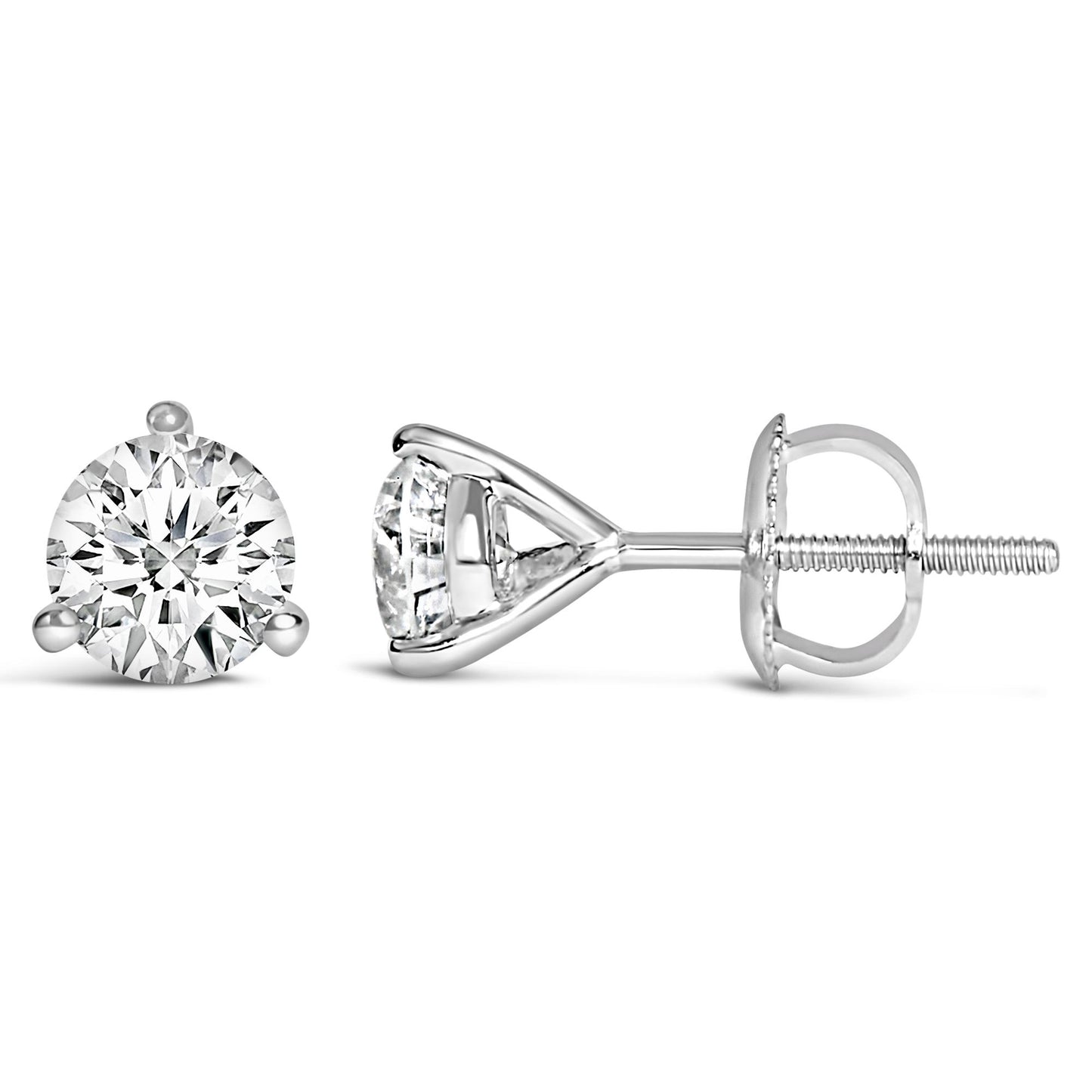 Close-up front and side view of white metal stud earrings featuring round white gemstones in a three-prong setting.