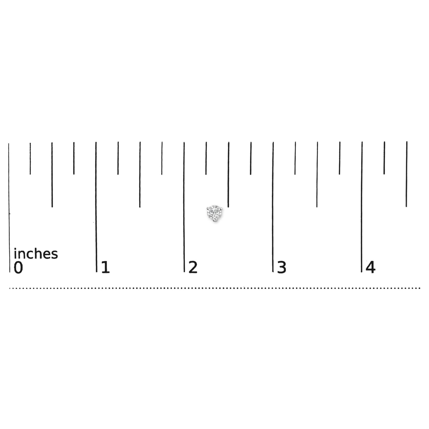 Close-up front view of a single white metal stud earring with a round white gemstone in a 3-prong setting on a ruler for size reference.