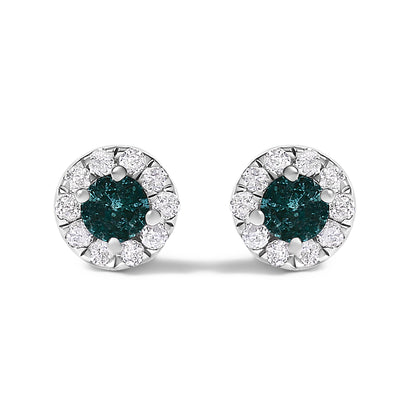 .925 Sterling Silver 1/3 Cttw White and Blue Diamond Halo Stud Earring
