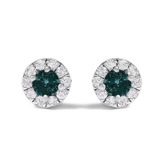 .925 Sterling Silver 1/3 Cttw White and Blue Diamond Halo Stud Earring