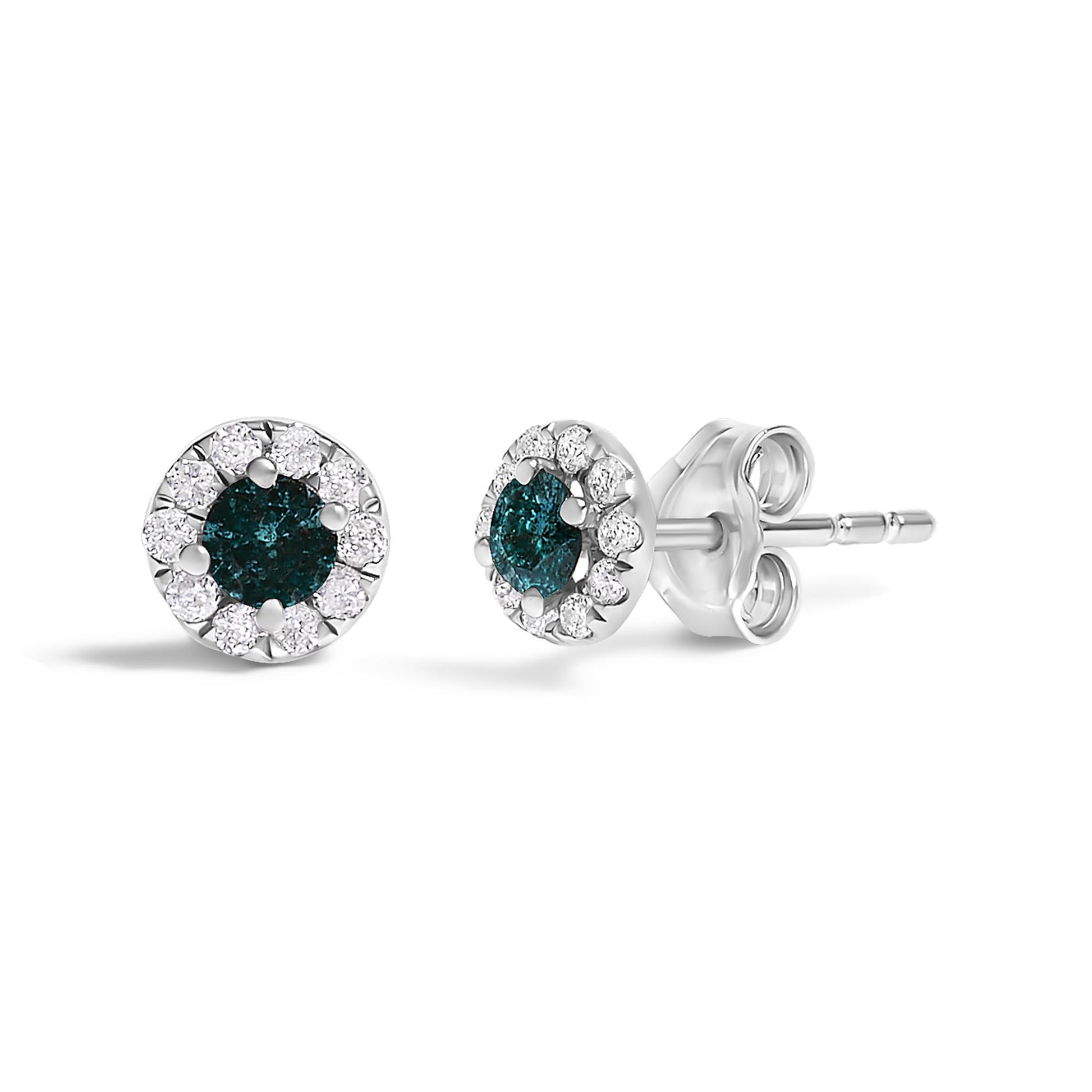 .925 Sterling Silver 1/3 Cttw White and Blue Diamond Halo Stud Earring