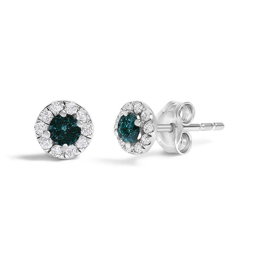 .925 Sterling Silver 1/3 Cttw White and Blue Diamond Halo Stud Earring