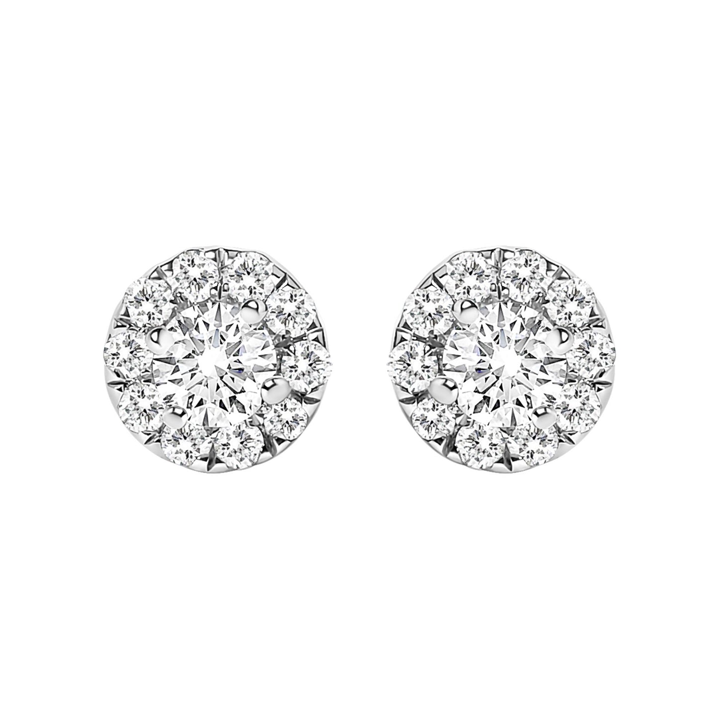 Front view of white metal round stud earrings with central prong-set white gemstones surrounded by smaller prong-set white gemstones.