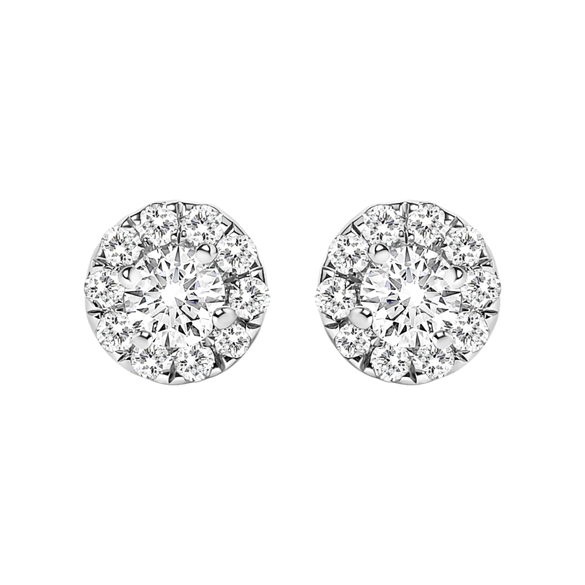 Front view of white metal round stud earrings with central prong-set white gemstones surrounded by smaller prong-set white gemstones.