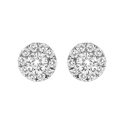Front view of white metal round stud earrings with central prong-set white gemstones surrounded by smaller prong-set white gemstones.