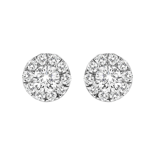 Front view of white metal round stud earrings with central prong-set white gemstones surrounded by smaller prong-set white gemstones.