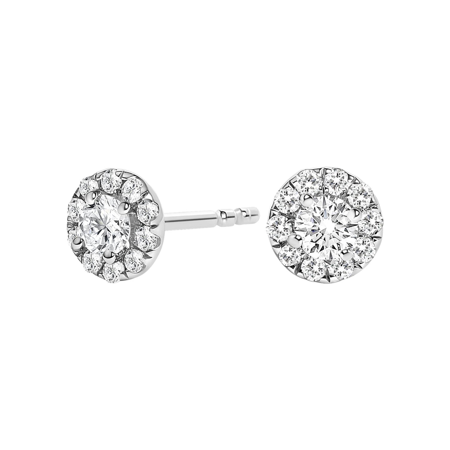 Close-up front and side angle of white metal stud earrings with a larger round white gemstone center surrounded by smaller round white gemstones in prong settings.