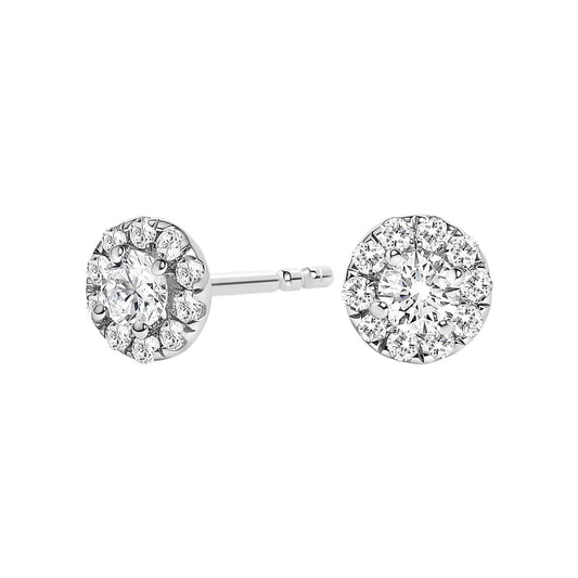 Close-up front and side angle of white metal stud earrings with a larger round white gemstone center surrounded by smaller round white gemstones in prong settings.