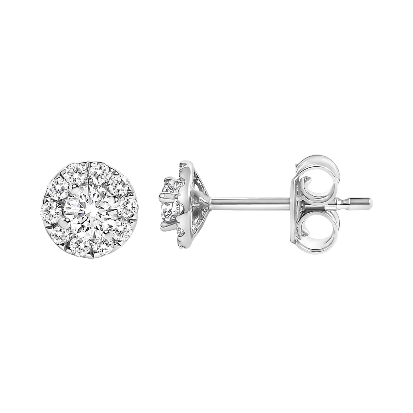 Front and side view of white metal stud earrings with round white gemstones in prong settings, shown against a white background.