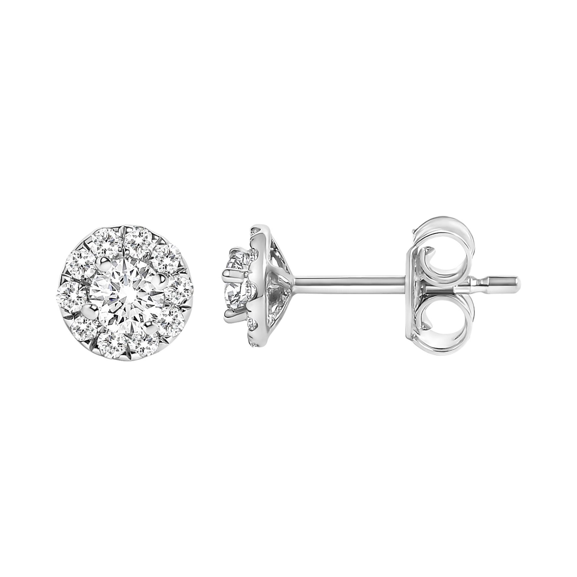 Front and side view of white metal stud earrings with round white gemstones in prong settings, shown against a white background.