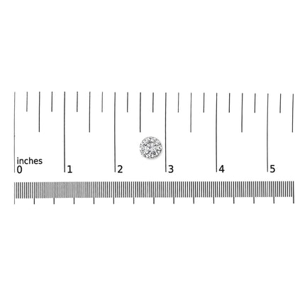 Single round white gemstone cluster earring in white metal, shown on a ruler for size reference, top-down view.