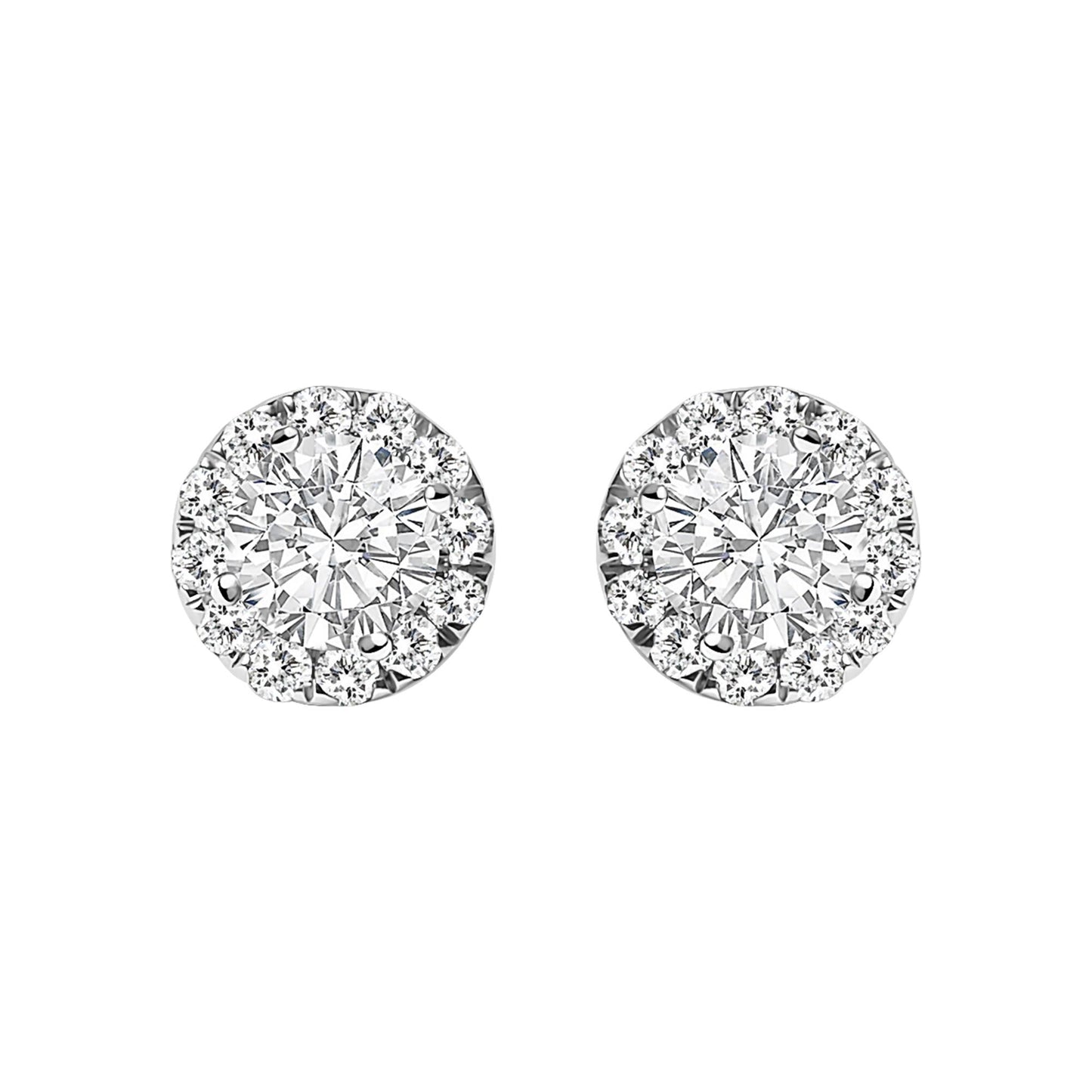 Front view of white metal round stud earrings with a central white gemstone surrounded by a halo of smaller white gemstones.