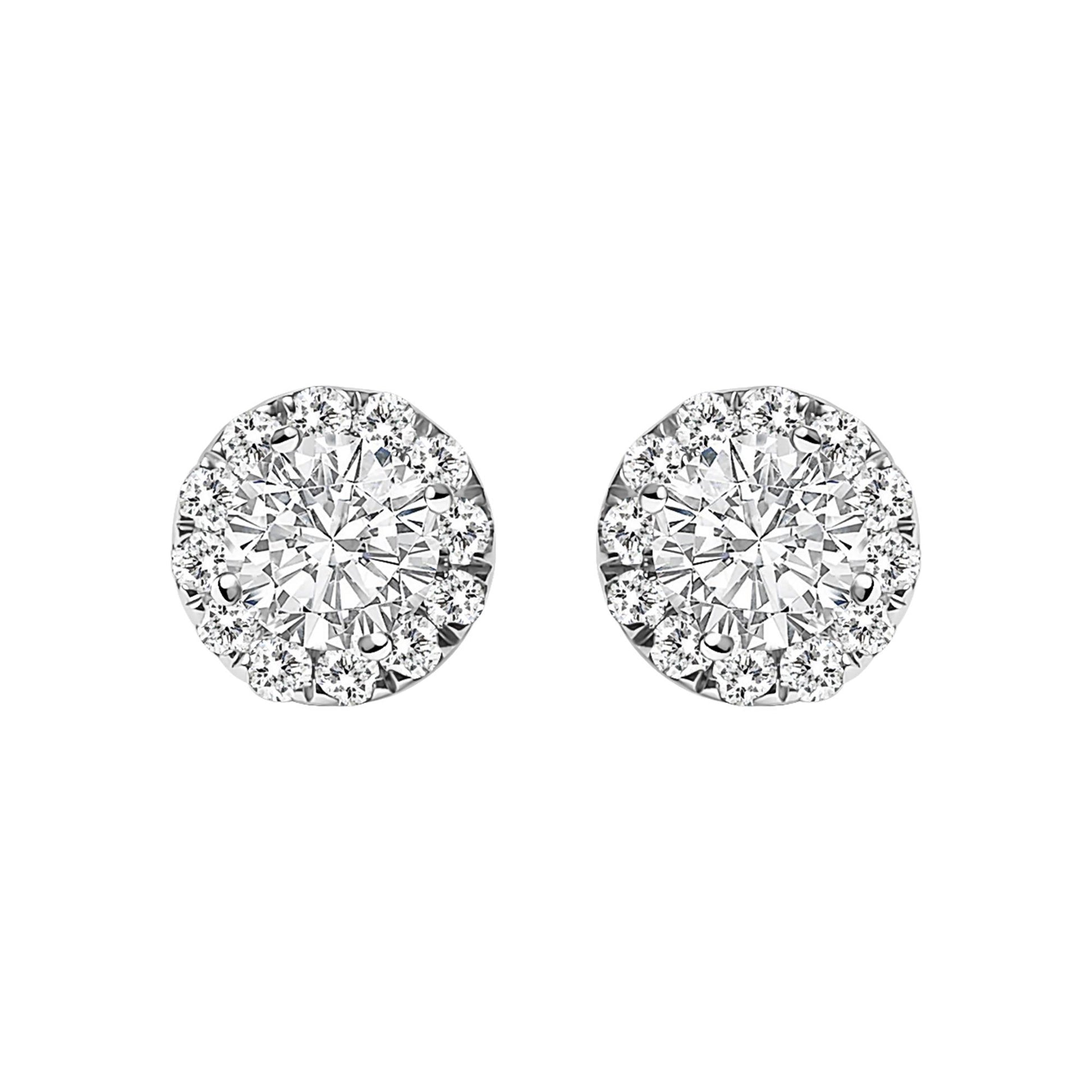 Front view of white metal round stud earrings with a central white gemstone surrounded by a halo of smaller white gemstones.