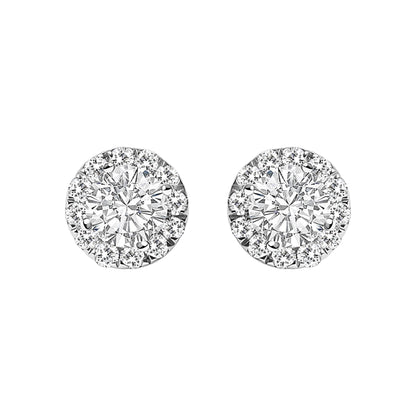 Front view of white metal round stud earrings with a central white gemstone surrounded by a halo of smaller white gemstones.