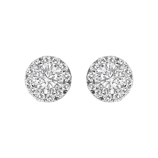 Front view of white metal round stud earrings with a central white gemstone surrounded by a halo of smaller white gemstones.