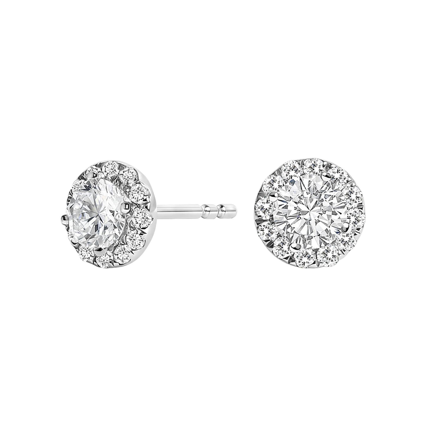 Front and side view of white metal stud earrings featuring a central round white gemstone surrounded by a halo of smaller round white gemstones.