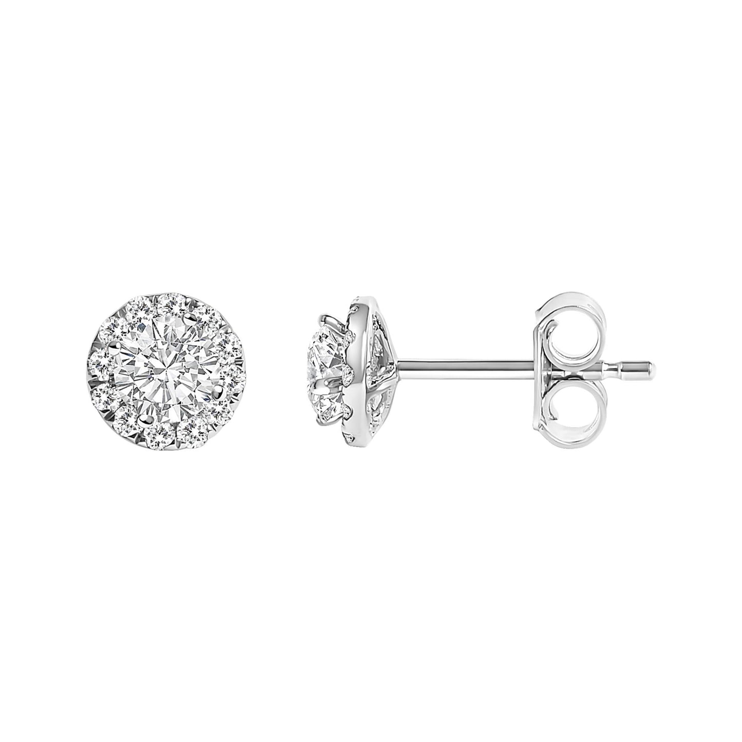 Front and side view of white metal round stud earrings with one larger round white gemstone surrounded by smaller round white gemstones in prong settings.
