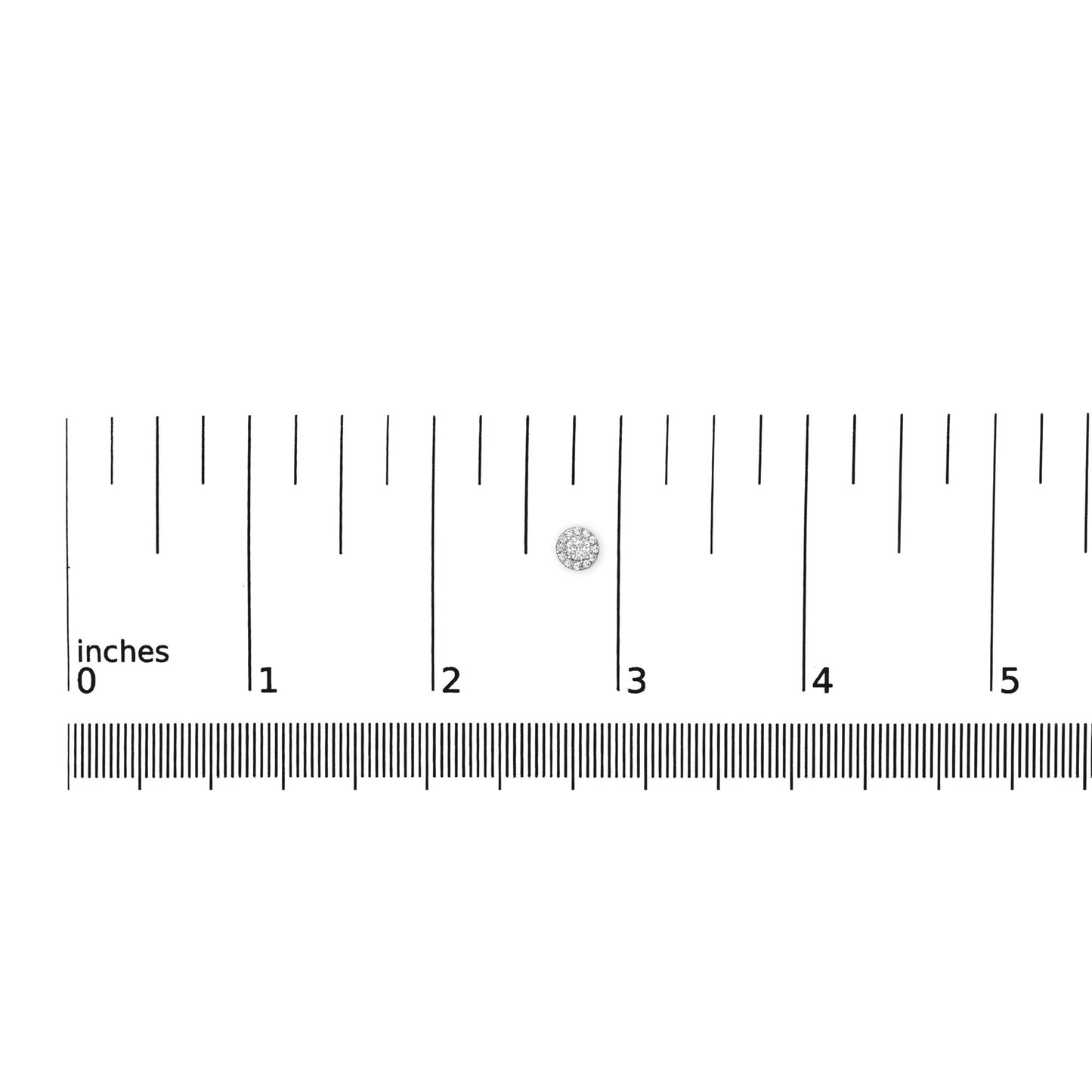 Close-up top view of a single round white gemstone earring with a cluster of small white gemstones, shown on a ruler for size reference.