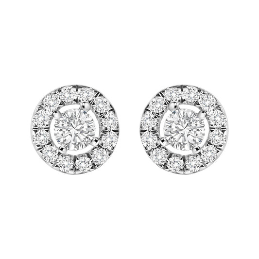 Front view of white metal round stud earrings featuring a central round white gemstone surrounded by smaller round white gemstones in a halo design.